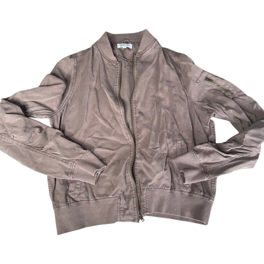 Grace and Lace Women‎ S Brown Tencel Bomber Jacket Lightweight Zip Front Casual